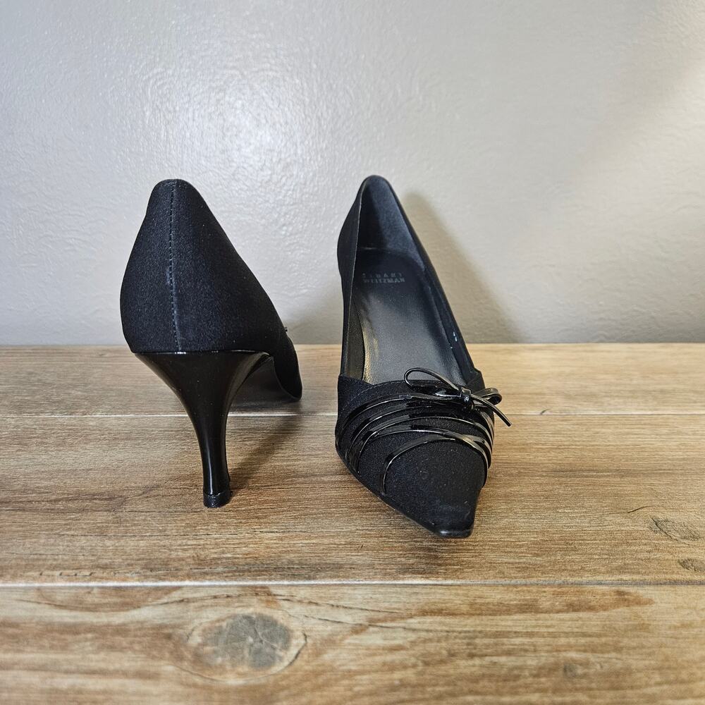 Stuart Weitzman Women's Black Satin Pointed Toe Heels Size 7 Super Slim Y2KGlam